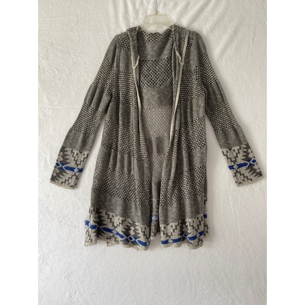 Energe World Wear Grey Tribal Geometric Hooded Open Front Cardigan Sweater 1X